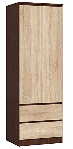 AKORD Armario Star S de dos puertas S 60 cm 2 cajones con estantes y barra para ropa para guardarropas dormitorio estilo minimalista tablero laminado 16 mm color wengué / sonoma