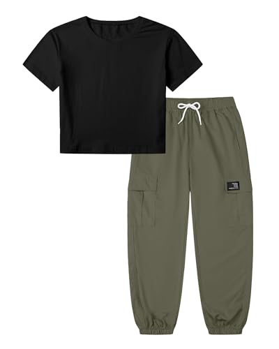 Image of Betusline Girls Fall Winter Clothing Sets, Long Sleeve Crop Top & Cargo Jogger Pants 2 Piece Outfit Sets,4T-14Y