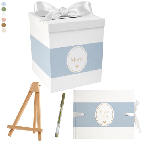 Un Jour En Or - Pack Signature Bleu et Blanc : 4 éléments (Urne Merci, Livre d’or, Stylo encre doré, Chevalet en bois) pour mariage, baptême,...
