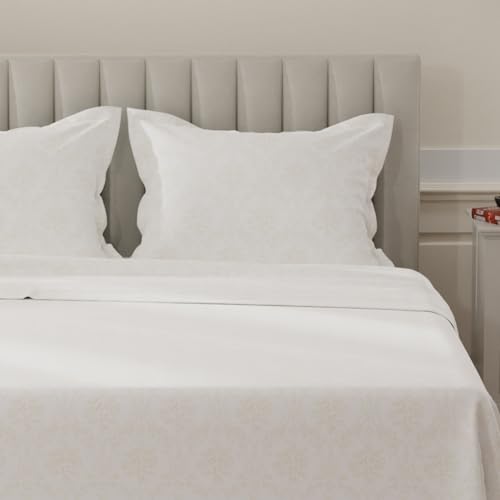 Image of Layers 100% Cotton Bedsheet for King Size Bed | Lumina Floret Collection | 144 TC Soft & Breathable | Printed with 2 Pillow Covers | Wrinkle Free & Colorfast | 3 Piece Bedding Set - White & Beige