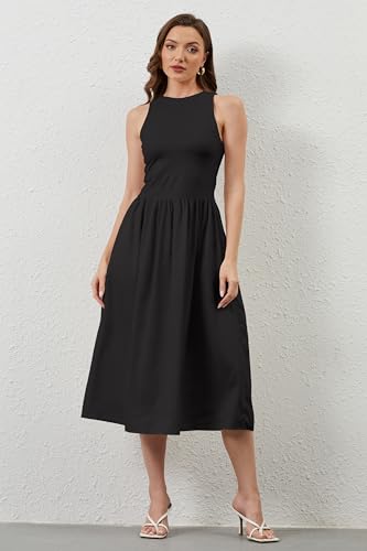 Image of TERIVEEK Women Summer Sleeveless Midi Dress Casual High Neck Patchwork Tank Sundress Boho Flowy A Line Dress with Pockets Black