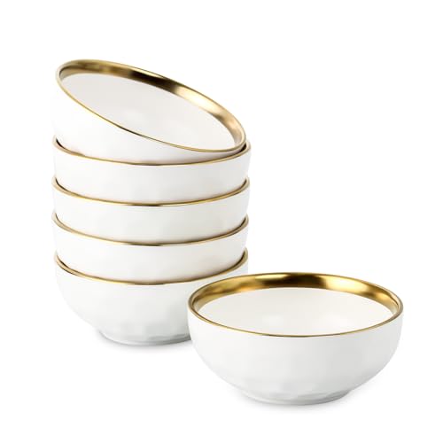 Image of vicrays Ceramic Salad Bowls Set for Kitchen, Serving - 24 Ounce Soup Bowls, Pasta Bowls, Chip Resistant, Dishwasher Safe, NOT Microwave Safe, Fluted, Stoneware, Set of 6 (White with Golden)