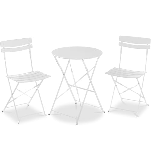 Best Choice Products 3-Piece Bistro Set, Space Saving Folding Design, Solid Steel, Outdoor Patio Furniture Set w/ 2 Chairs, Bistro Table - White