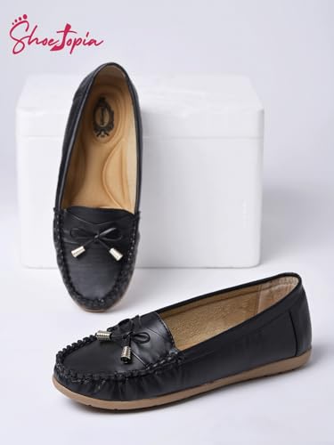 Image of Shoetopia Women's Stylish Casual Loafers | Comfortable Slip-On Flat Shoes with Bow Design & Soft Sole for Daily Footwear