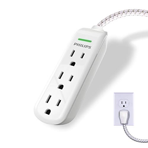 Philips 3 Outlet Surge Protector Power Strip, 8 Ft Extra Long Power Cord, Designer Braided Extension Cord, Flat Plug, Perfect for Office or Home Décor, 300 Joules, ETL Listed, White, SPC3434WB/37