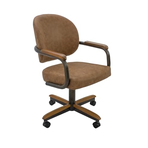 Chromcraft Douglas Casual Dining Chairs Classic Swivel Tilt Dinning Chairs with Casters, PU Leather Wooden Arm Metal Base Chairs with Rolling Wheels for Kitchen Livingroom