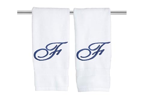 Decorvo White Monogrammed Hand Towels for Bathroom - Luxury Hotel Quality Personalized Initial Embroidered Towel for Powder Room, Spa - GOTS Organic Certified - Pack of 2 Navy, Letter F