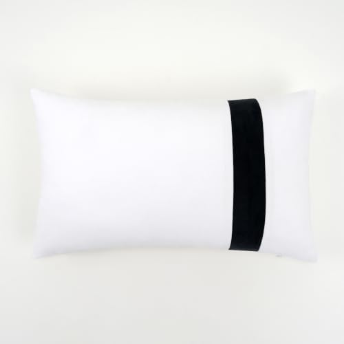 THE-TINOART 12x20 Lumbar Throw Pillow Cover, White Velvet Pillow Cover with Black Contrast Stripe, Premium Luxury Decorative Cushion Cover for Sofa Couch Bed