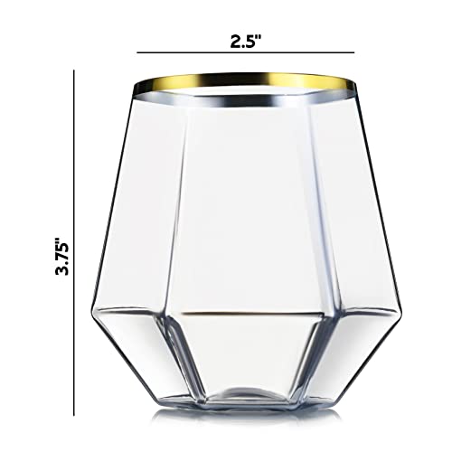 32 Pack Diamond Stemless Plastic Wine Glasses, 12 Oz Unique Diamond Shape, Clear Gold Rim Glasses For Wine, Whiskey, Cocktails, Juice, Trendy & Modern Stemware, Food-Grade Disposable Drinkware #TOP2