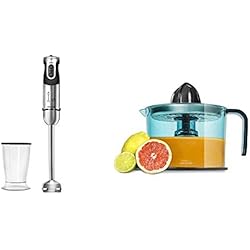 Cecotec Batidora de Mano Powerful Titanium 1000 Pie XL, 21 Niveles y Turbo, Recubrimiento de Titanio + Zitrus Easy Inox Exprimidor Naranjas Eléctrico, Filtro de Acero Inoxidable, Tambor de 1 Litro