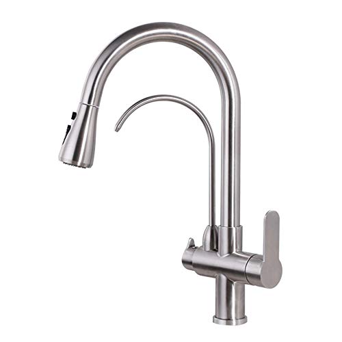 Grifo de cocina 3 vías para agua potable y fregadero con ducha extraíble en acero cepillado