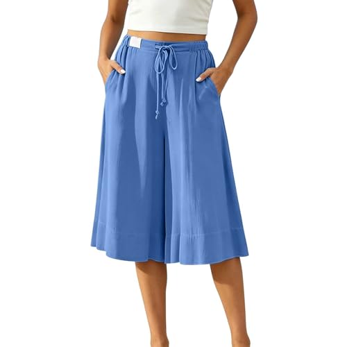 High Waist Pleated Flowy Linen Palazzo Culottes, Loose Wide Leg Pocketed Capri Pants for Women Summer Wear(Blue, XXL)