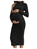 GORGLITTER Women's Maternity Ribbed Knit Mock Turtle Neck Dresses Long Sleeve Bodycon Midi Pregnancy Dress Black Medium