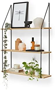 LIFA LIVING 3 Tier Wall Shelf Unit, Floating Shelves for Kitchen Bedroom Living Room, Wooden & Black Metal, Decorative Vintage Hanging Shelf, Different Sizes