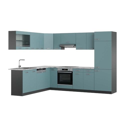 Vicco Eckküche R-Line, Küchenzeile in L-Form, Blau-Grau/Anthrazit, 227 x 287 cm, AP Marmor