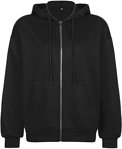 Sweat à Capuche Femme Manches Longues Zippé Pullover Sweatshirt avec Poches Casual Loose Hoodie Jumper Veste de Sport Hauts Tops(Noir,L) Cover