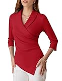 GRACE KARIN Women's V Neck Casual Red Work Tops 3/4 Sleeve Office Dressy Blouse Asymmetrical Elegant Shirts 2XL