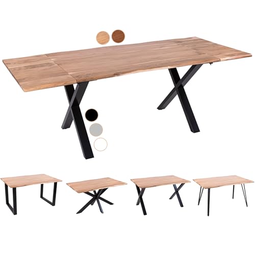 SAM Baumkantentisch 140 (220) x 90 cm Avino, Akazienholz naturfarben & massiv, Esszimmertisch mit 2 Ansteckplatten, Schwarzes X-Metallgestell, Esstisch ausziehbar 6-8 Personen