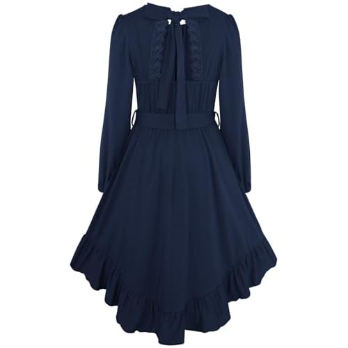 Girls Long Sleeve Dress Teen Kids Tie Back Lace Backless High Low Ruffle Swing Dresses with Belt Size 5-16 Years Navy Blue 6-7 Years