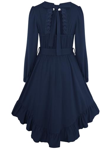 Girls Boho Dress Teen Long Sleeve Lace Backless Tie Back High Low Swing Pocket Dresses with Belt Size 5-16 Years