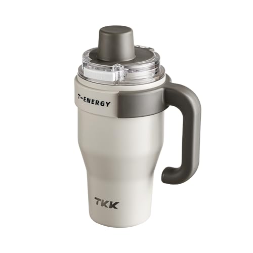 TKK 27 oz Tumbler with Handle and Straw, Ceramic Coating Insulated Bottle 100% Leakproof Travel Mug for Water, Iced Tea or Coffee, Smoothie, Cup Holder Friendly Base, Beige