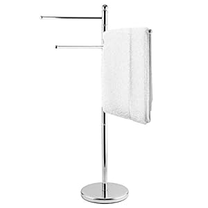 MyGift 40-Inch Silver Metal Freestanding Towel Rack for Bathroom with 3 Swivel Arms