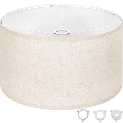 Qvtekn Linen Drum Lamp Shade, 16" Top x 16" Bottom x 9.8" High, Replacement Lamp Shade with Spider Fitter, Neutral Fabric Lampshade for Table Lamps, Bedroom and Living Room