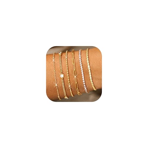 Image of Diamday 6Pcs Gold Bracelet for Women 14K Gold Plated Bracelet Set Stainless Steel Bracelets Stack Adjustable Beaded CZ Paperclip Tennis Link Chain Bracelet Waterproof Ladies Bracelets for Women