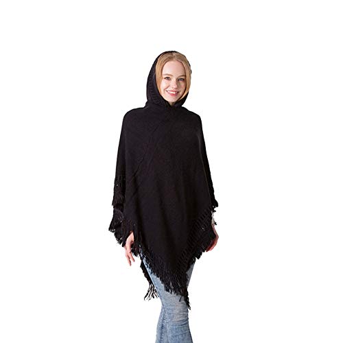 Elonglin Poncho Feminino Capa de Lã Quente Tricotada Folagada Xale com Capuz Casual Elegante para Mu