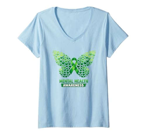 Donna Design con Farfalla e Cuori per la consapevolezza della Salute mentale Maglietta con Collo a V