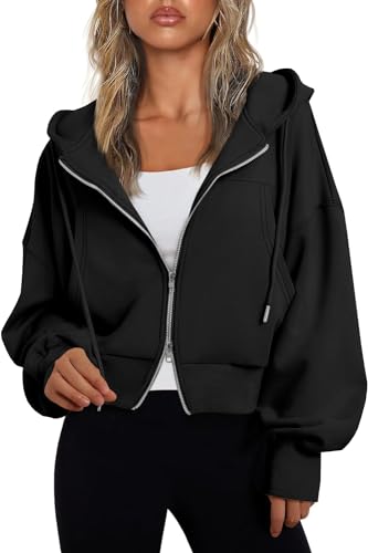 Fisoew Women's Crop Zip Up Hoodies Casual Long Sleeve Hooded Cropped Sweatshirts with Pockets