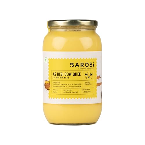 BAROSI A2 Desi Cow Ghee 1L | Lab Tested | Grass-Fed | Bilona | Glass Jar