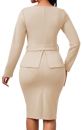 Image of CuteCherry Women's Church Dress Long Sleeve Bow Tie Neck Bodycon Work | High Waist Bodycon Knee Length Business Pencil Bow Tie Neck Long Sleeve Slim Fit Work
