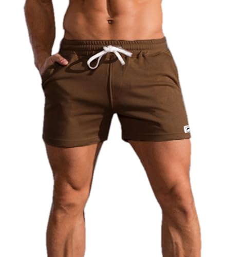 Waghaw Men Coffee Cotton 5inch Short Men Coffee Athletic Shorts Mens Gym 5 Inch Short Mens Workout Shorts with Pockets（Coffees, S）