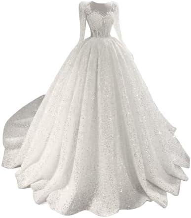 Women's Long Sleeve Ivory Wedding Dresses for Bride Lace Sequin Beading Tulle Bridal Dresses with Train Ruffles A Line Ball Gowns Plus Size 16W W29