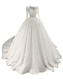Women's Long Sleeve Ivory Wedding Dresses for Bride Lace Sequin Beading Tulle Bridal Dresses with Tr