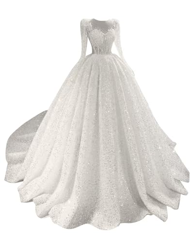 Women's Long Sleeve Ivory Wedding Dresses For Bride Lace Sequin Beading Tulle Bridal Dresses With Train Ruffles A Line Ball Gowns Plus Size 16W W29 #TOP7