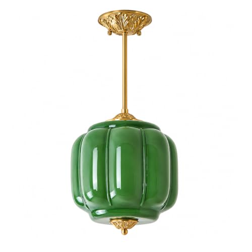 10 In Green Milk Glass Pendant Light for Entryway,Art Deco Light Fixture | Vintage Gold Accent,Milk Glass Ribbed Lampshade,3-CCT,Antique Style,Soft Diffused Light,Suit for Hallway Stairway