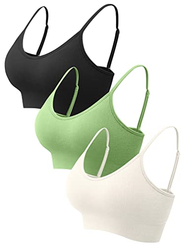 Oqq Women's 3 Piece Cami Crop Top Ribbed Seamless Removable Cups Workout Exercise Sports Bra Black Green Beige #TOP22
