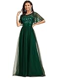 Ever-Pretty Women's Formal Dresses Crew Neck Sequin Ruffle Sleeve Empire Waist Beaded Long Evening Dresses Dark Green US14