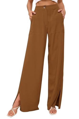 GUOLEZEEV Women High Waist Wide Leg Pants Trendy Y2k Palazzo Pants Casual Trouser with Slit Hem Brown M