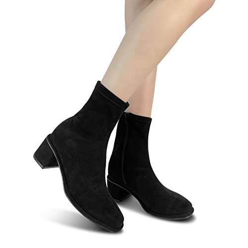 Best Trendy Black Boots For Women Ankle Booties Chunky Mid Heeled Boots Square Toe Zip Up Suede Short Boots Womens Fall Boots #TOP1