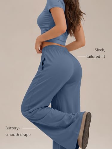 Image of Trendy Queen 2 Piece Matching Summer Lounge Set Womens Side Ruching Top Wide Leg Pants Sets with Pockets