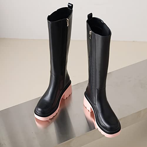 Vivianly Women's Elastic Panel Lugged Sole Knee Boots, Chunky High Heeled Boots Stretch Riding Boots With Round Toe And Side Zipper Size 7 Pink #TOP5