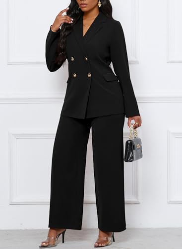 Women\'s Two Piece Outfits Casual Blazer Jacket Wide Leg Work Pants Business Suit Sets with Pocket-Black-XL