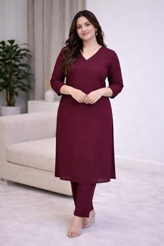 Image of Rayon Plain V Neck Kurta Pant Set for Women and Girls