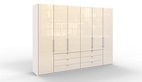 WIEMANN Loft Kleiderschrank, Schlafzimmerschrank, Gleittürenschrank, Drehtürenschrank, mit Schubladen, Glas magnolie, weiß, B/H/T 300 x 216 x 58 cm