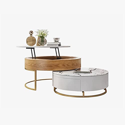 Lift-Top Round Coffee Table For Living Room, Modern Retractable Nesting Center Table With Sintered Stone Top, Fully-Assembled, Light Brown #TOP3