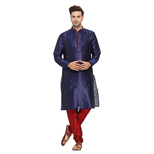 ITOS365 Men's Tunic Art Silk Kurta Pajama Pyjama Set Indian Clothing Casual Party Dress Gifts Items Nevy Blue Medium