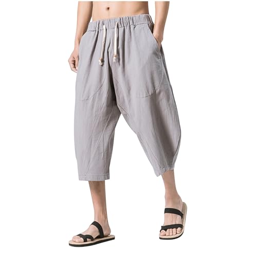 nhApmj Three Quarter Khaki Trousers Lounge, Capri Pants for Men Baggy Breathable Linen Wide Leg Cropped Pants 2025 Trendy Solid Drawstring Harem Pant Plus Size, Men Long Shorts Beach Cotton Linen
